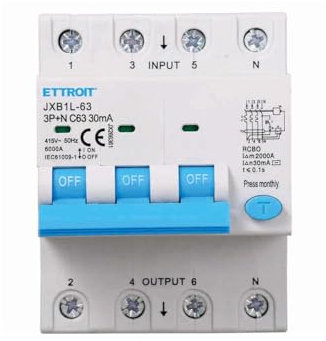 Interruttore Magnetotermico Differenziale Trifase 30mA, 3P+N 6KA 380V, Occupa 4 Moduli DIN, RCBO 3P+N 30mA C63 63A