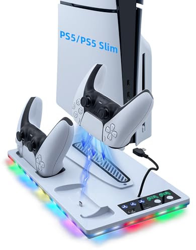 Tolesum Support pour PS5 Pro/Slim Ventilateur de Refroidissement à 3 Vitesses, Chargeur Manette ave Indicateur RVB, Station de Recharge pour PS5 Slim Digital/Disc Edition ave 2 USB – Blanc
