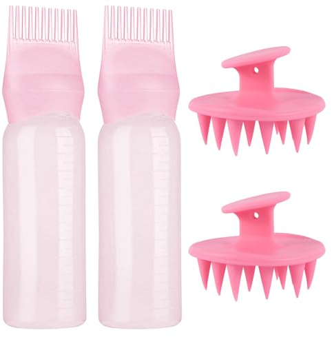 Kisvic 4 Stück Haaröl Applikator, Wurzelkamm Applikator Flasche und Haare Massagebürste, Hair Oil Applicator Bottle - Zuverlässiges Haarstyling Werkzeug für Haarfärbemittel Färbung