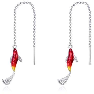 POPLYKE Rote Koi Fisch Einf?dler Ohrringe Sterling Silber ziehen durch Einf?dler Kette Koi Tropfen Ohrringe Schmuck Geschenke für Frauen