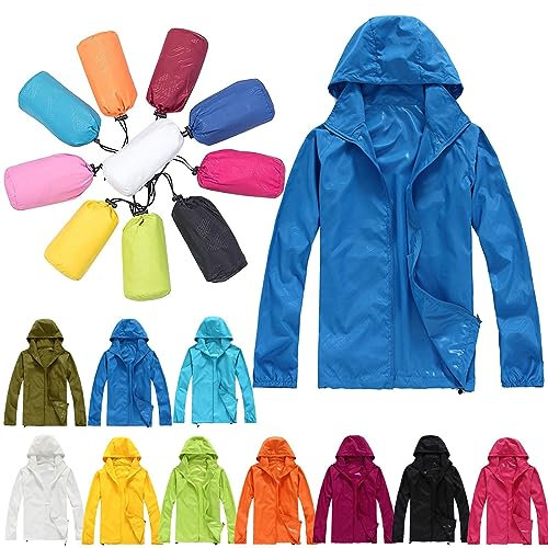 2024 New Womens Lightweight Waterproof Jackets Sale, Hooded Long Rain Coat Ladies Packable Functional Jacket Windbreaker Raincoat Outdoor Solid Color Coats with Storage Bag for Running Golf Cycling