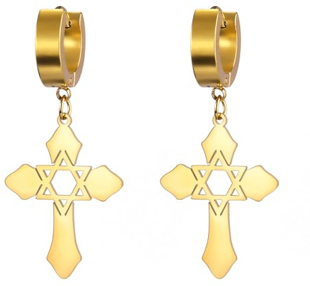 kkjoy Kreuz mit Davidstern Anhänger Halskette Ohrringe Schlüsselanhänger Edelstahl Hexagramm am Kreuz Gebetsamulett Schmuck für Frauen Männer