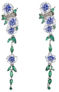Élégantes boucles d'oreilles pendantes en forme de fleur de cerisier pour femmes et filles avec cristaux CZ verts, feuilles bleues et blanches, boucles d'oreilles pendantes élégantes, bijoux de