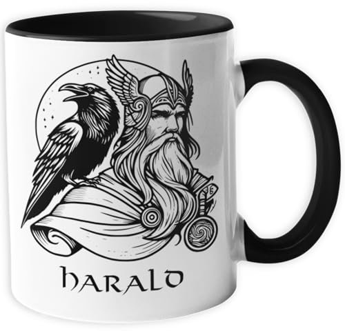 Personalisierte Wikinger Tasse | Motiv Odin | mit Namen personalisiert, Keramik Kaffeetasse Metbecher mit Wunschname 330 ml V42
