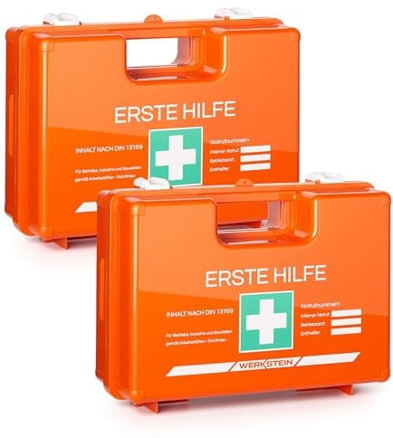 2x Erste Hilfe Kasten DIN 13169:2021 - Verbandskasten inkl. praktischer Wandhalterung, 5x Aufkleber, Gesichtsmasken, Feuchttücher & Plombe - Erste Hilfe Koffer für Betriebe, Einrichtungen & Zuhause