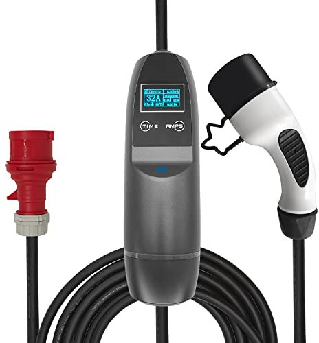 KHONS Type 2 Charging Cable with CEE Plug 22kW 6-32A 3 Phase 6M IP65 Waterproof Portable EV Charger and Adjustable Mobile Wallbox Charging Station for IEC 62196-2 with Carrying Bag