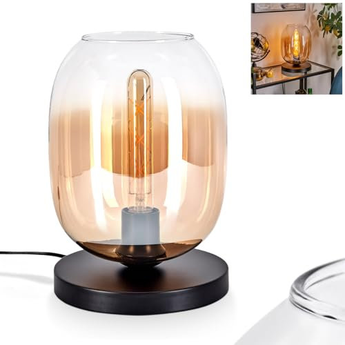 Lámpara de mesa Apedo, lámpara de mesa de metal y cristal en negro/ámbar/transparente, lámpara de diseño industrial/retro/vintage con pantalla de cristal (diámetro de 20 cm) e interruptor de