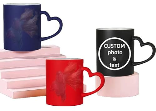 Customized Color Changing Ceramic Mug, Personalized Text and Photo Thermal Magic Coffee Cup, Tea and Coffee Color Changing Cup, 11oz (Heart Shaped Handle)