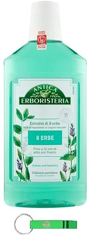 12 x Antica Erboristeria, Collutorio 8 erbe, collutorio quotidiano per l'igiene orale, effetto fresco intenso, 12 ore di alito fresco, 500 ml + portachiavi Beni Culinari
