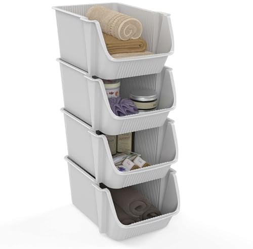 SUNDIS Fly Tower, stapelbarer Kunststoff-Aufbewahrungsbehälter, 4er-Set | Wollweiß, Öffnung im Stil eines Klappbehälters, robust, stapelbar, für Werkstatt, Garage, Spielzeug, Küche, Badezimmer