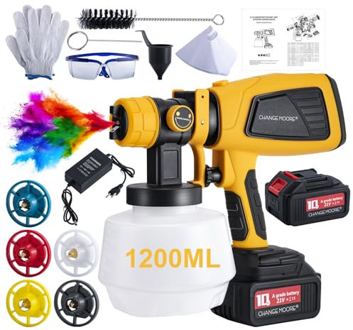 CHANGEMOORE Farbsprühsystem für Makita Akku, 21V Farbspritzpistole mit 2x4000mAh Akkus, 1200 ml Behälter, 6 Düsen, Farbspritzpistole zum Streichen von Wänden, Decken, Möbeln, Gartenzäunen Gelb