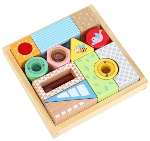SOKA 14pc Wooden Sensory Block Set In Wooden Box Pretend Play Sensory Toys, Early Development and Activity Toy - Educational Montessori Developmental Game For Kids Children Toddlers Boys Girls