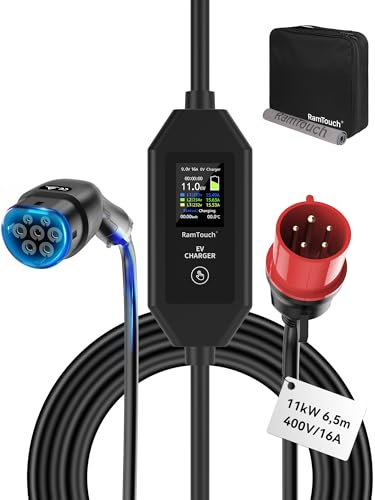 RamTouch Mobile Wallbox (11 kW, 6,5 m, 3-phasig, Typ 2, CEE 16 A Stecker) - Mobile Ladestation mit Einstellbar 6A-16A sowie Timer- und Verzögerungsfunktion, kompatibel mit E-Fahrzeugen und Hybriden