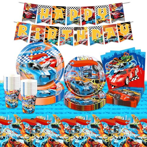 Luftballon Autos Geburtstag Deko, Rennauto Partygeschirr Set Deko Geburtstag Pappteller Kindergeburtstag Banner Partyzubehör Party Tischdecke Becher Geburtstagsdeko Mädchen Jungen Kinder 10-20 Gäste