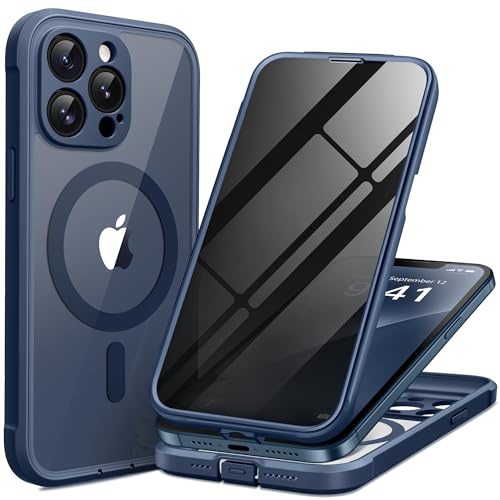 BERFY Magnetic for iPhone 12 Pro Max Case, Compatible with MagSafe, Built-in Privacy Screen Protector and Upgraded Camera Protection, Anti-Spy Full Body Shockproof Phone Case for 12 Pro Max 6.7, Blue