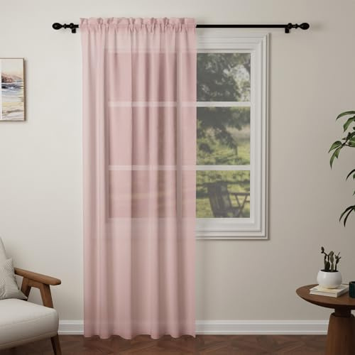 Pacok Rideaux en voile rose, rideau de 84 pouces pour fenêtres, panneau de rideau transparent avec passe-tringle pour salon, cuisine, chambre à coucher L56xH84 pouces (rose, 142 x 213 cm)