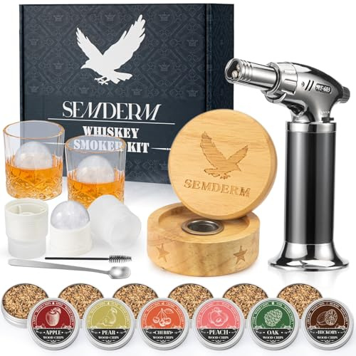 Bourbon Whiskey Smoker Kit mit Fackel - Old Fashioned Cocktail Smoker Kit mit 2 Whiskey Gläsern, 6 Holzchips - Valentinstag Jahrestag Geburtstag Geschenke für Männer Papa Ehemann Freund (kein Butan)