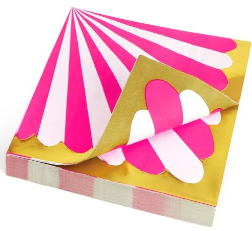 PARTY GO Lot de 40 serviettes d'anniversaire - 33 x 33 cm - Rose foncé - Thème cirque - Jetables - Pour décoration d'anniversaire, fête, carnaval, fête d'enfant, rose foncé et blanc à rayures
