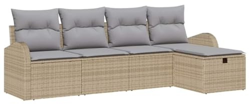 vidaXL Garten-Sofa-Set mit Kissen mit Speicher 5 pcs Beige Poly Rattan, Garten und Terrasse, Modulares Outdoor-Sofa-Set, robuster Loungesitz, wetterfest, verstellbare Füße, vielseitige Möbel