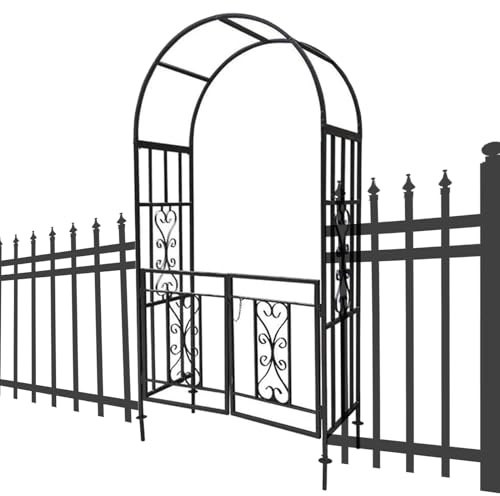 Metall-Gartenbogen für Rosen, Ranken, Kletterpflanzen, Stützbogen, Spalier, Pergola, Rohrlaube mit Tor und 4 Erdspießen ohne Zaun, 114 x 210 cm, Schwarz