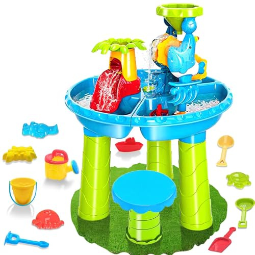 Wassertisch für Kinder, 3-in-1-Wasser- und Sandspieltisch mit Tierformen, Schaufel, Kelle, Handharke, Eimer, Bank und mehr für Sommer, Strand, Pool, Gartenspielzeug, Sand- Wassertisch, Wasserspie