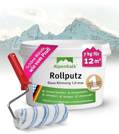AlpenKalk Rauer Rollputz für Innen I 7 kg für ca. 12 m² + Spezialrolle 18 cm I 1,0 mm Körnung I Verarbeitungsfertig & streifenfrei wie vom Profi I Atmungsaktiv, schimmelhemmend & lösungsmittelfrei