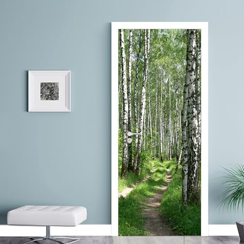 AstraDesign Tür Tapete „Waldweg mit Birken“ 88x200cm – selbstklebende PVC-Folie, Premium Qualität – 3D-Waldpfad & Sonnenlicht – Wohnzimmer, Flur, Wellnessräume – rückstandslos entfernbar