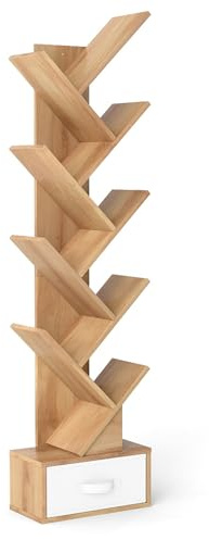 CASART 10-Tier Tree Bookshelf, Slim Tall Floor Standing Bookcase with Drawer & Wall Anchor, Wooden Display Shelving Storage Rack for Living Room Bedroom Office (Natural)