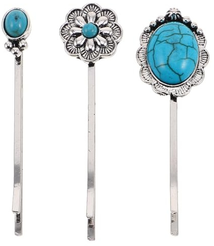 DIYEAH Lot de 3 Épingles à Cheveux Bohèmes Turquoise Incrustées, Taille Moyenne, Maintien Sécurisé, Accessoires pour Femmes, Coiffure Rétro et Mariage Champêtre