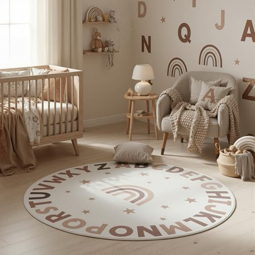 SIMPEX Kinderteppich Alphabet Lernteppich rund 160 cm für Kinderzimmer in Creme mit Buchstaben Motiv ideal zum Lernen und Spielen