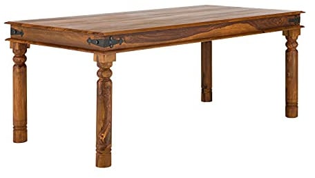 Woodkings Esstisch Merlow aus massiver Akazie – Holztisch im Landhausstil mit Metallbeschlägen (118 x 80)