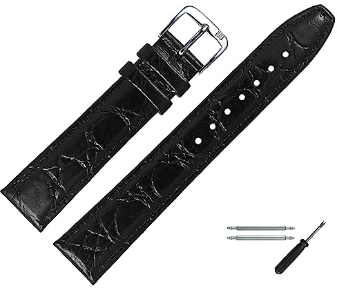 MARBURGER Uhrenarmband 18mm Leder Schwarz Silber Kroko (Caiman) Prägung Mit Naht - Montage Set 5291810000120