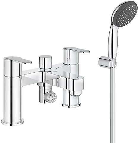 GROHE Get - 2 Handle Bathtub Mixing Tap Filler with Wall Holder Set (Deck Mounted, 2 Hole Installation with Centre Distance 180 mm, 2 Sprays Hand Shower 10 cm, Shower Hose 1.5 m), Chrome, 25177000