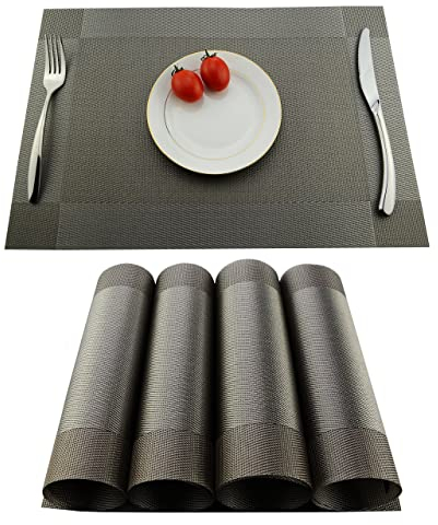 KOKAKO Platzsets (4er Set), Rutschfest Abwaschbar Tischsets,PVC Abgrifffeste Hitzebeständig Platzdeckchen,Schmutzabweisend und Waschbare,Platz-Matten für küche Speisetisch,Silber