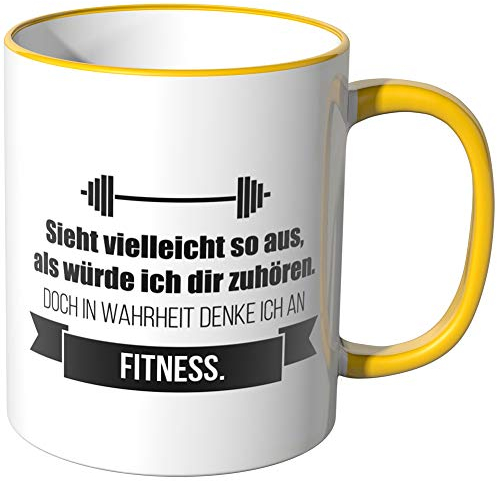 JUNIWORDS Tasse - Ich denke an Fitness - Wähle Motiv & Farbe - Gelb