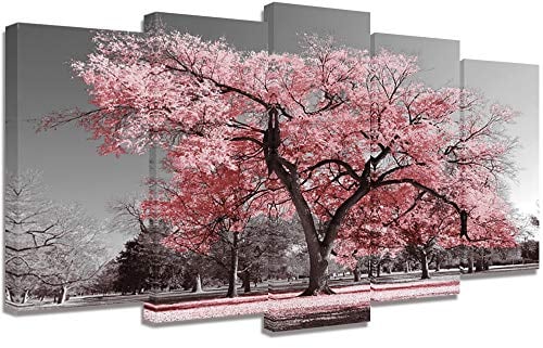 Visual Art Decor Wandbild auf Leinwand, Motiv rosa Baum mit Rahmen, 5-teilig, Schwarz/Weiß Modern 5 Pieces Rose