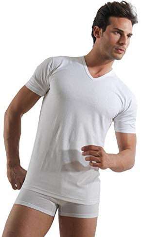 TL 6 Magliette Intime in Puro Cotone Filo di Scozia morbide Modello Collo a V. Prodotto Italiano. Taglia SESTA 52 Colore Bianco