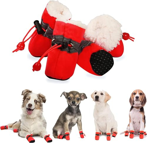 YAODHAOD Pfotenschutz für Hunde,Plüsch Hundestiefel, Bequeme Atmungsaktive, rutschfeste Schuhe, Weiche Sohle mit Reflektierendem Klebeband, Geeignet für kleine Hunde(Größe 5: 5 x 4 cm L*W, Rot)
