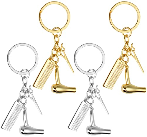 Yangfei Schlüsselanhänger, Friseur, 4 Stück Schlüsselanhänger aus Metall, Anhänger, Schlüsselanhänger, Barbier, exquisite Geschenke für Friseure (Silber und Gold), Gold und Silber, S, exquisit,