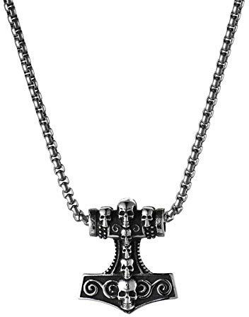 Oidea Men's Stainless Steel Thors Mjolnir Hammer Skull Pendant Necklace with Cable Wheat Chain 22 inches Silver