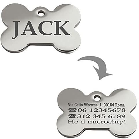 Ibera gifts - Medaglietta Cane Personalizzata a Forma di Osso in Acciaio Inossidabile, Targhetta Cane con Incisione, 4 Righe di Testo per Lato, Perfetta per Cani e Gatti di Taglia Media e Grande