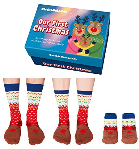 Unser 1. Weihnachten Rentier Cucamelon Socken für Vater, Mutter & Baby (3 Paar) - Our first Christmas Rentier Strumpf