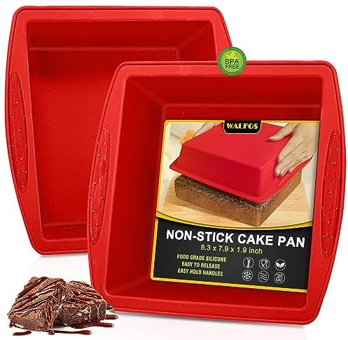 Walfos Silicone Square Cake Pan Silicone Brownie Pan with Non-Slip Grips, Non-Stick and BPA Free, Perfect for Brownie, Cake, Bread, Pie and Lasagna, Set of 2