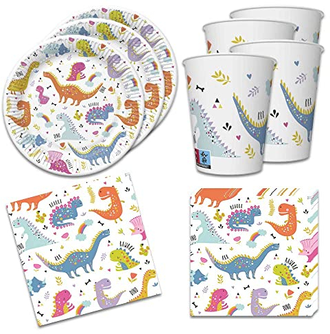 36-teiliges Tischdeko-Set mit Dinosaurier für Jungen und Mädchen zum Kinder-Geburtstag - 8 Teller, 8 Becher, 20 Servietten 33x33cm
