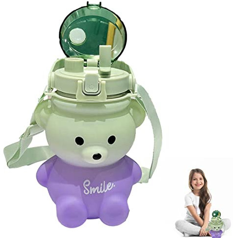 ZCSXK Honey Bear Straw Cup - Two Way Drinking Straw Tumbler with Adjustable Strap | Gradient Color Bear Water Bottle with Cute Stickers for Boys, Girls