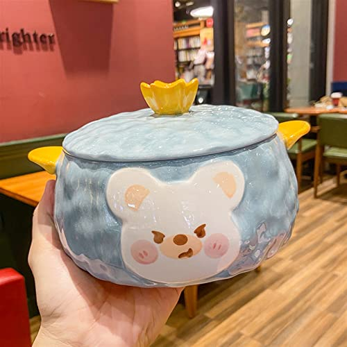 Noodle Bowls Kawaii Bear Ramen Bowl with Lid Cute Instant Noodle Soup Salad Fruit Large Ceramic Bowl Utensils for Kitchen Home Tableware Salad Bowl (Color : Blue)