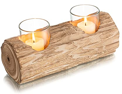 Romadedi Teelichthalter Holz Herbst Dekoration: Rustikale Kerzenständer Holz Windlicht für Herbst Deko Tischdeko Boho Kerzenhalter für Autumn Baumstamm Decor Fensterbank Innen Kamin, 2Glass