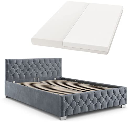 Juskys Polsterbett Nizza 140x200 cm mit Matratze, Bettgestell mit Lattenrost, Stauraum & LED Beleuchtung, Samtbezug, Chesterfield-Steppung, Grau