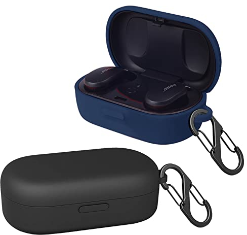 [2-Pack] easyBee Hülle Kompatibel mit Bose Sport Earbuds [mit 2 Karabiner], Flüssiges Silikon Case Ultradünn Stoßfest Schutzhülle Bluetooth Kopfhörer Tasche - Schwarz und Blau