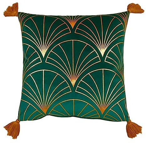 Moroccanity Art Deco Grüner Samt Gold Kissenbezug mit Quasten Art Deco Kissen Gold Grün Kissenbezug Samt Kissenbezug 43x43cm